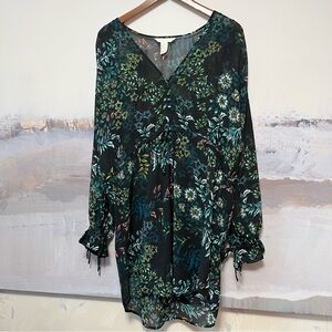 H&M Conscious Beach Cover Up‎ Women Size 12 Floral Drawstring Long Ruffle Sleeve